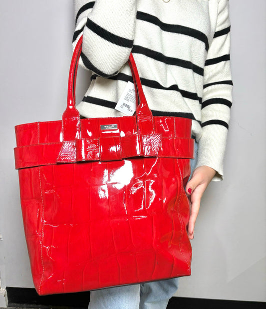 Red Kate Spade Patent Embossed Tall Tote Bag with Bow Detail