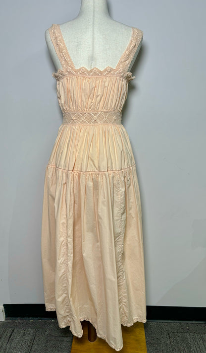 Women Size M Doen Peach Solid Cotton Midi Lace Detail Dress