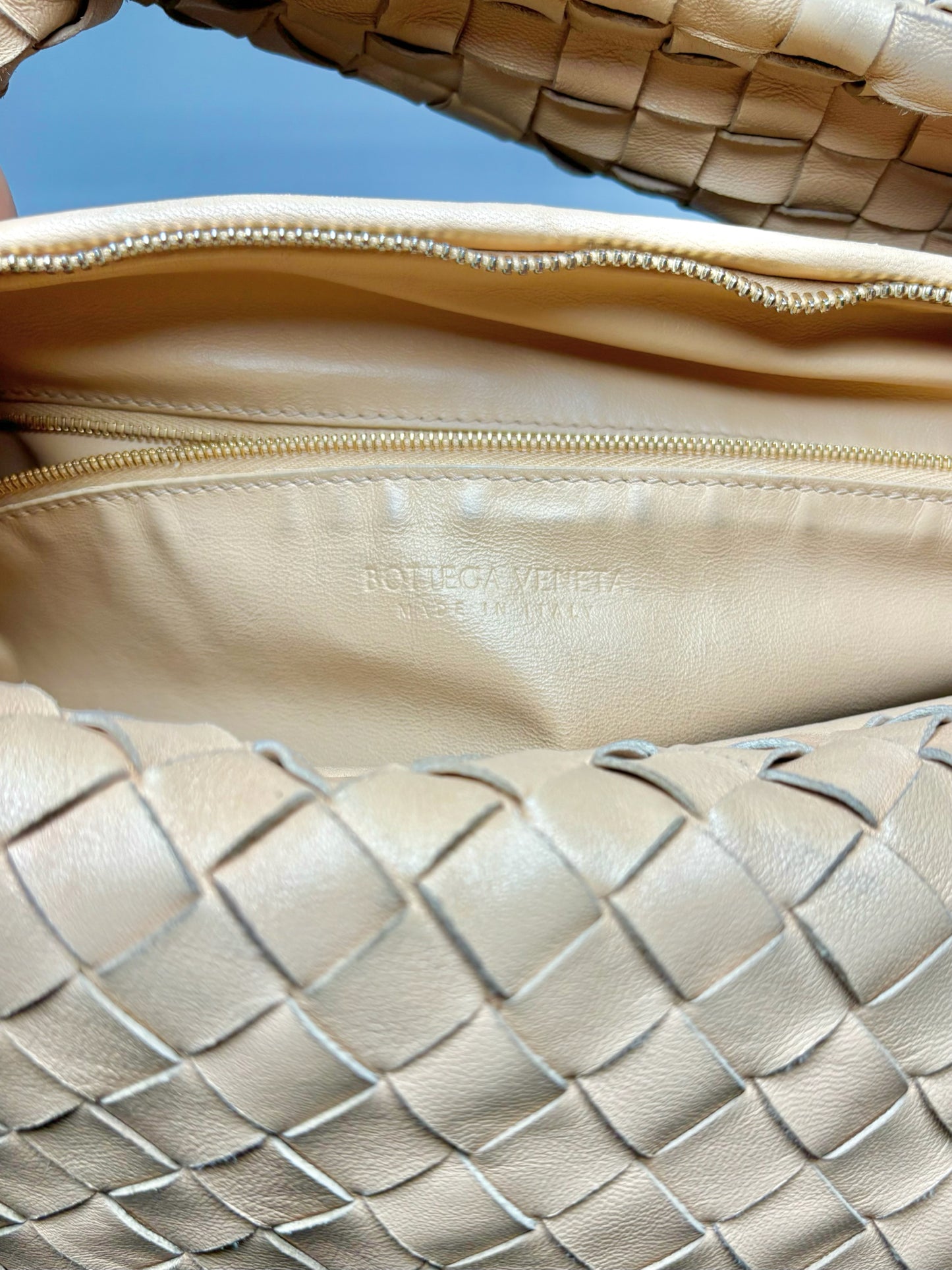 Oatmeal Bottega Veneta Woven Leather Jodie Purse