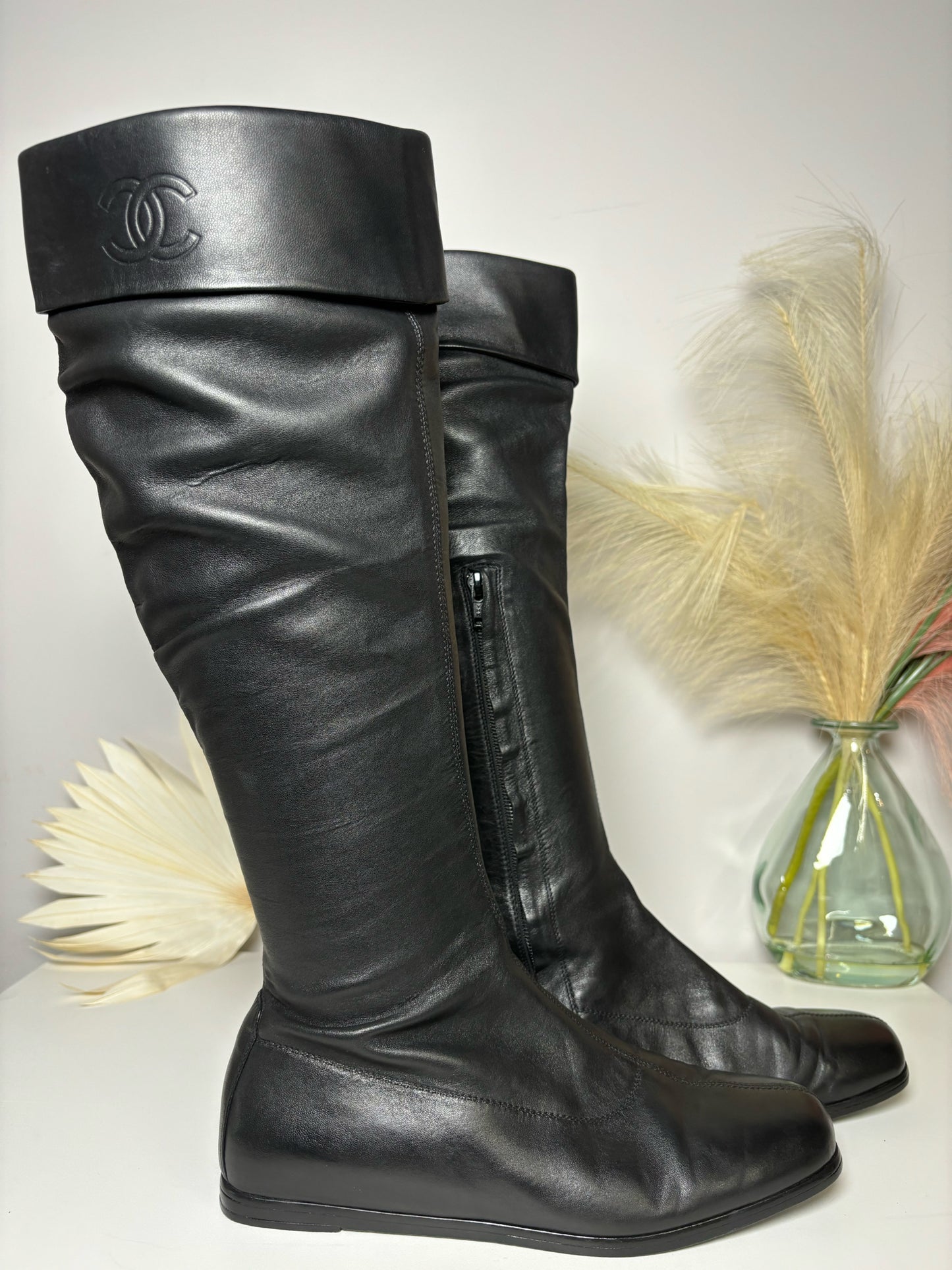 Chanel Size 8.5 Black Leather Lamb Women's Boots