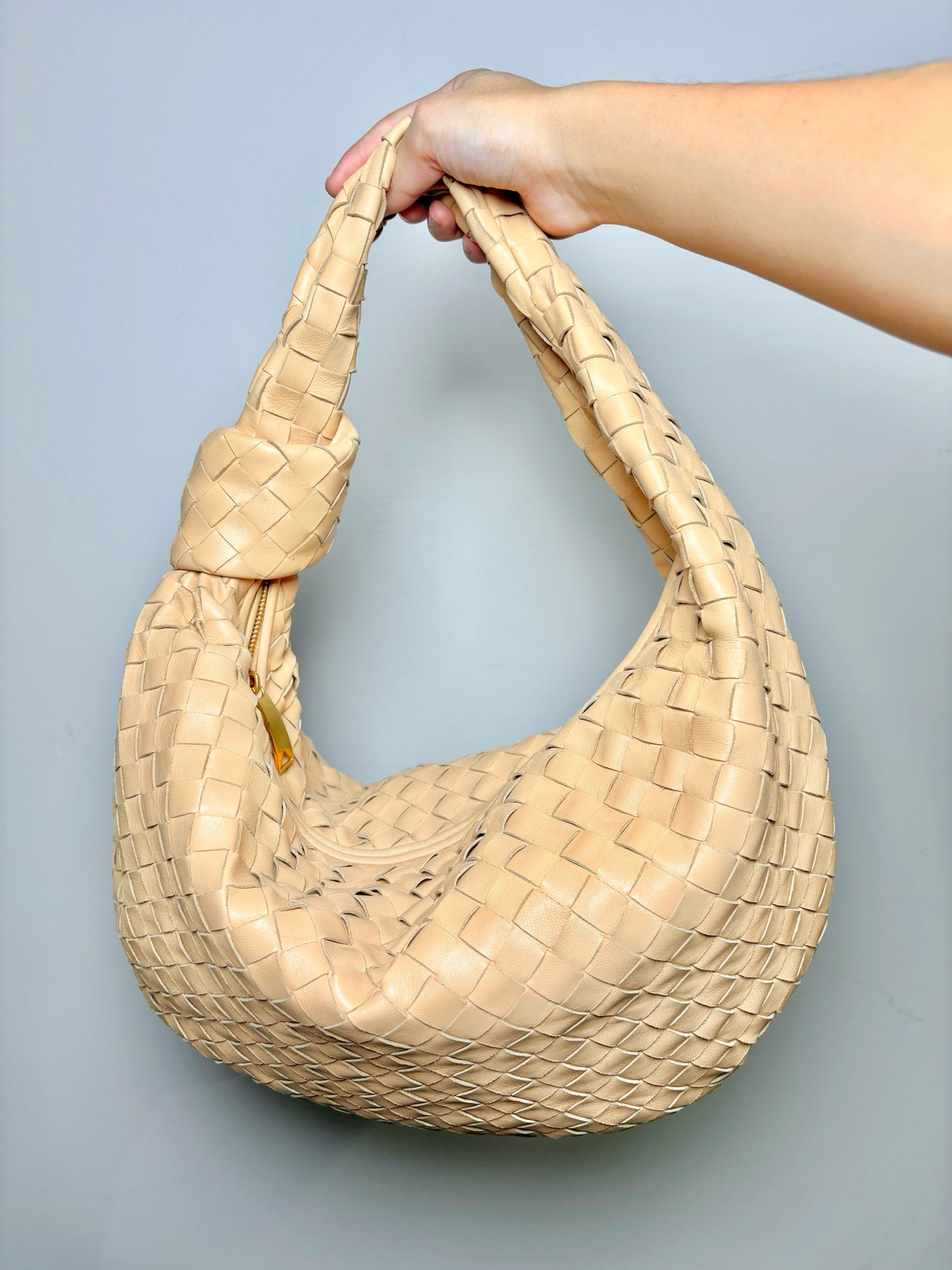 Oatmeal Bottega Veneta Woven Leather Jodie Purse