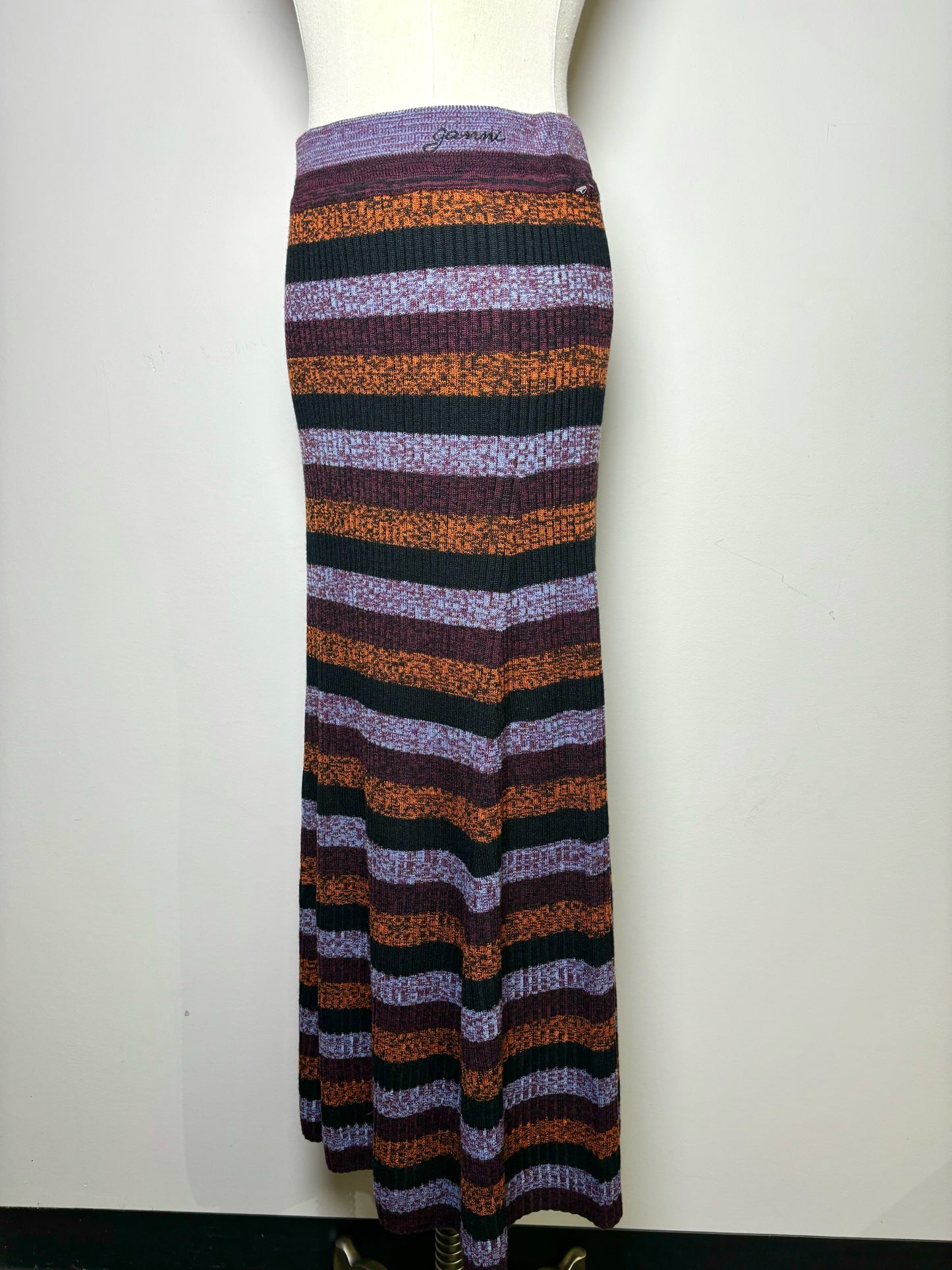 Women Size M Ganni Multi-Color Stripe Wool Ribbed Maxi Skirt