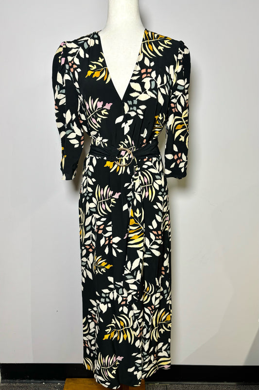 Women Size M ba&sh Black Floral Belted Midi Dress