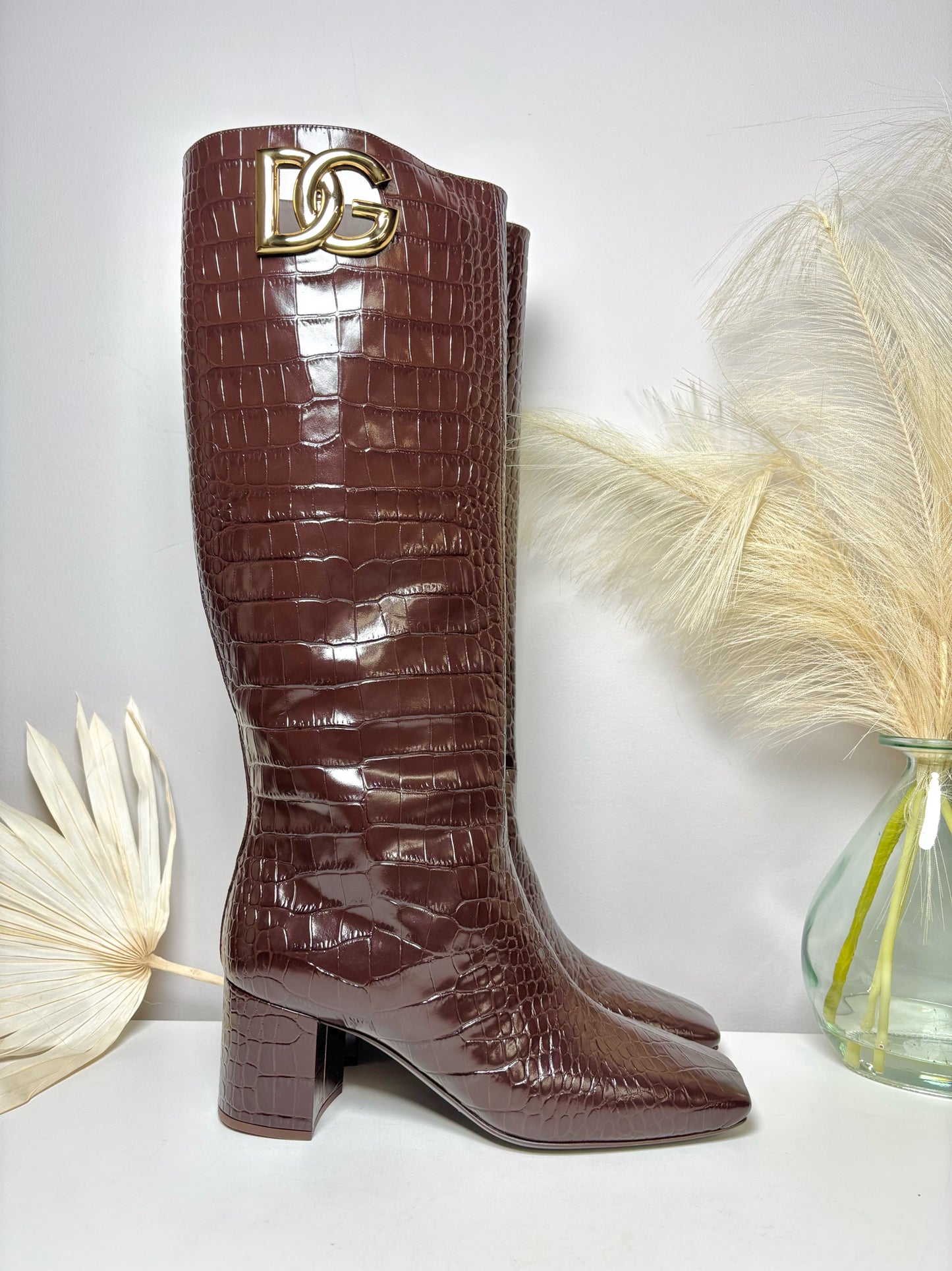 Dolce & Gabbana Leather Tall Shaft Croc Embossed Sz 9.5 NWT Boots