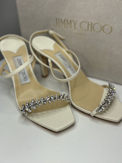 Jimmy Choo White Leather Meira 85 Crystal Heels, Sz 6