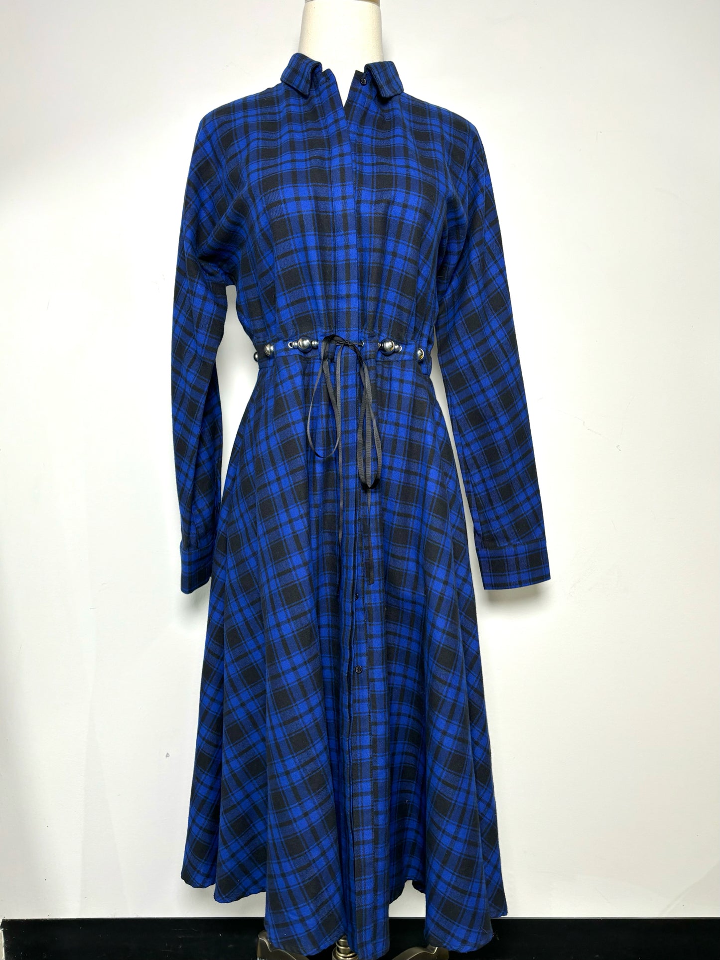 Women Size XS Maje Blue Plaid Midi Belted Dress