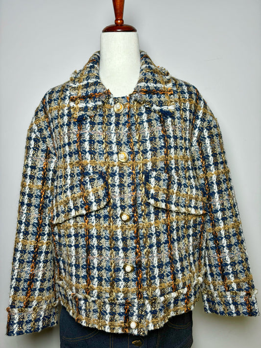 Women Size L Designice Blue, Orange, Tan Boucle Checker Blazer