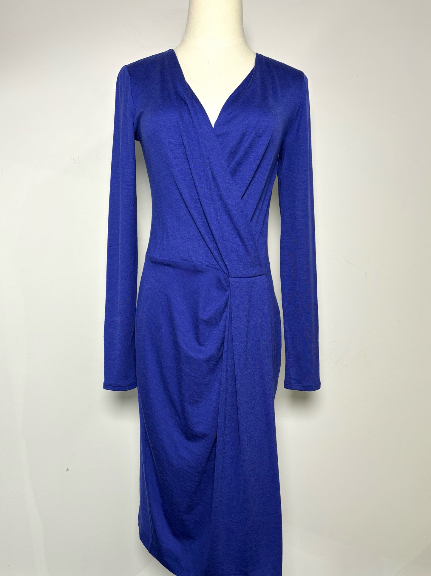 Women Size S Emilio Pucci Blue Solid Wool Faux Wrap Midi Dress