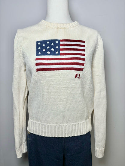 Women Size M Polo by Ralph Lauren Cream Flag Cotton Sweater