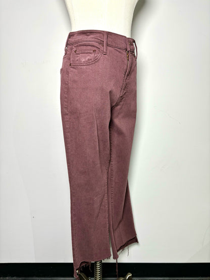 Women Size L Mother Wine Solid Denim Frayed Hem Crop Jeans