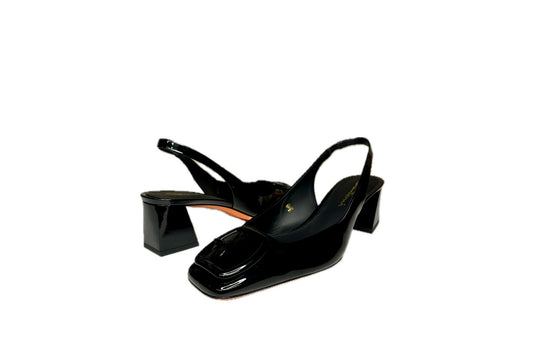Santoni Black Leather Patent Slingback Heels, Sz 8.5