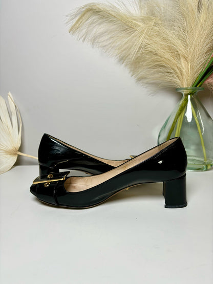 W Shoe Size 6.5 Prada Black Leather Patent Gold Buckle Heels