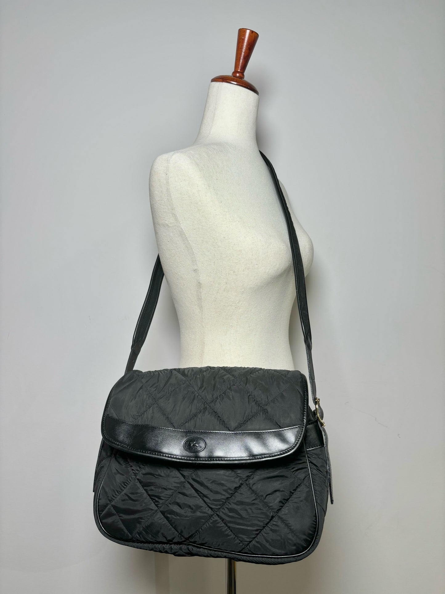 Black Longchamp Solid Quilted Nylon Leather Trim Shoulder Purse