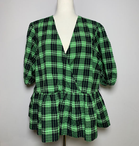 Women Size 48 Ganni Green, Black Seersucker Plaid Top