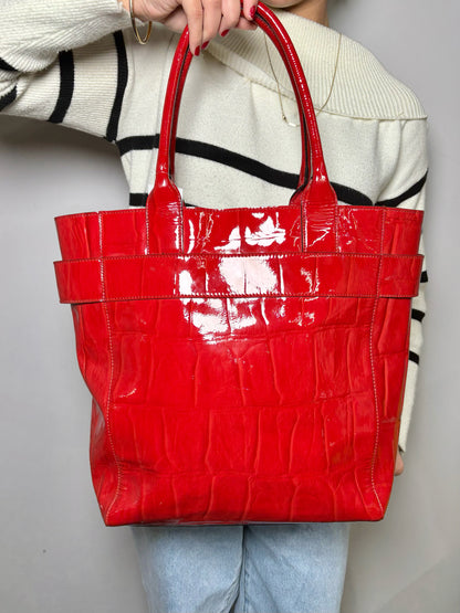 Red Kate Spade Patent Embossed Tall Tote Bag with Bow Detail