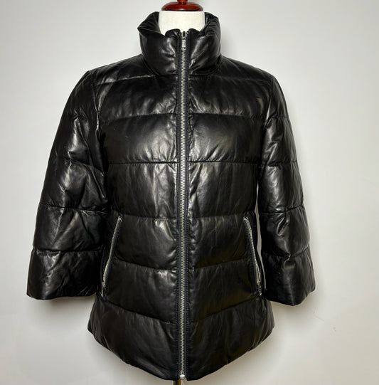 Women Size S June Black Solid Cowhide Leather Puffer Coat