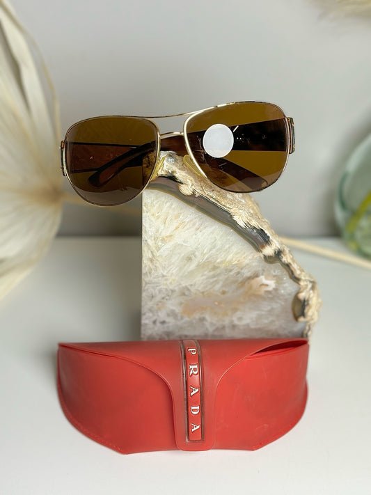 Brown, Gold Tortoise Shell Prada Wraparound Sunglasses