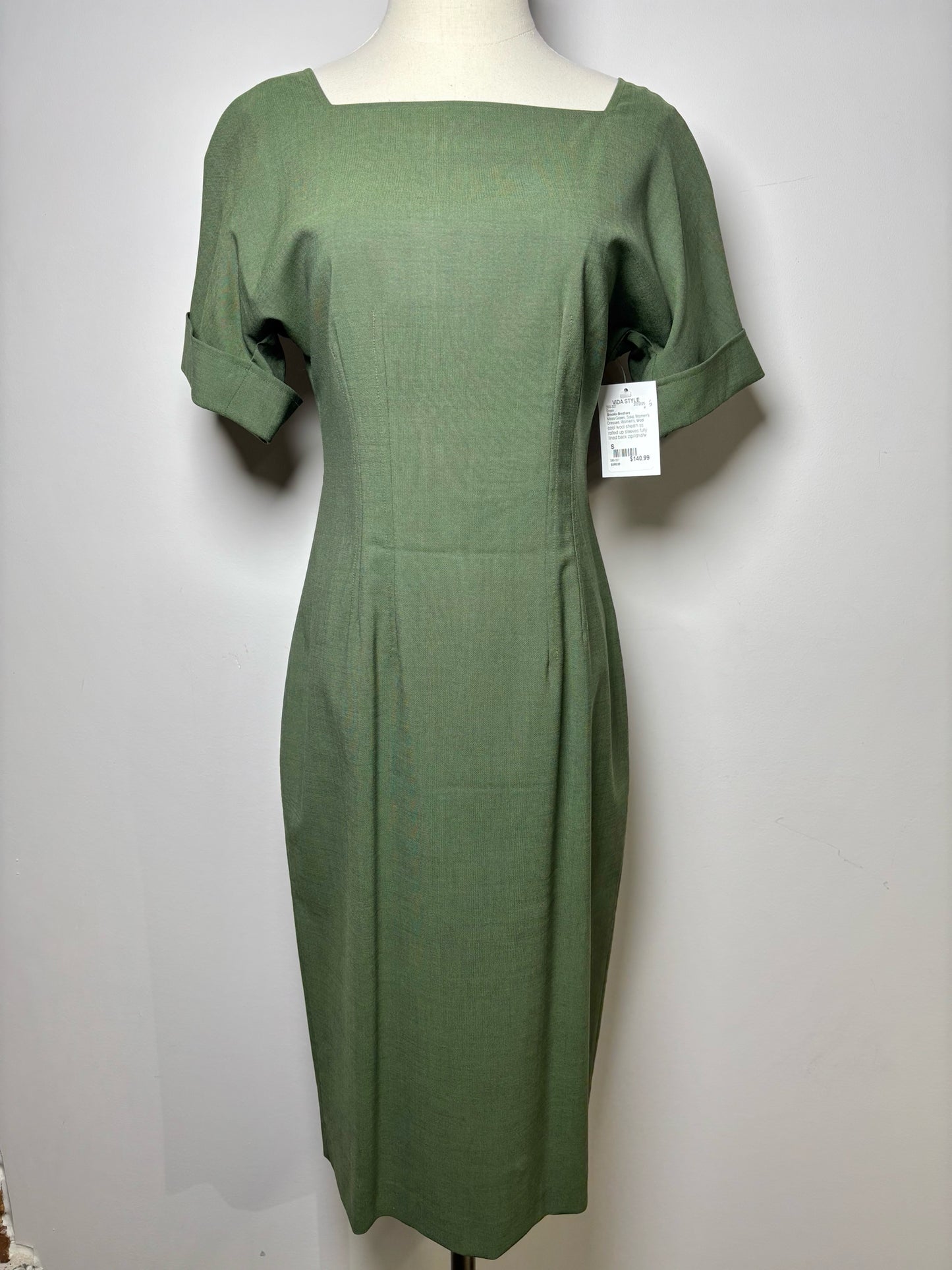 Women Size S Brooks Brothers Moss Green Solid Wool Back Zip Dress