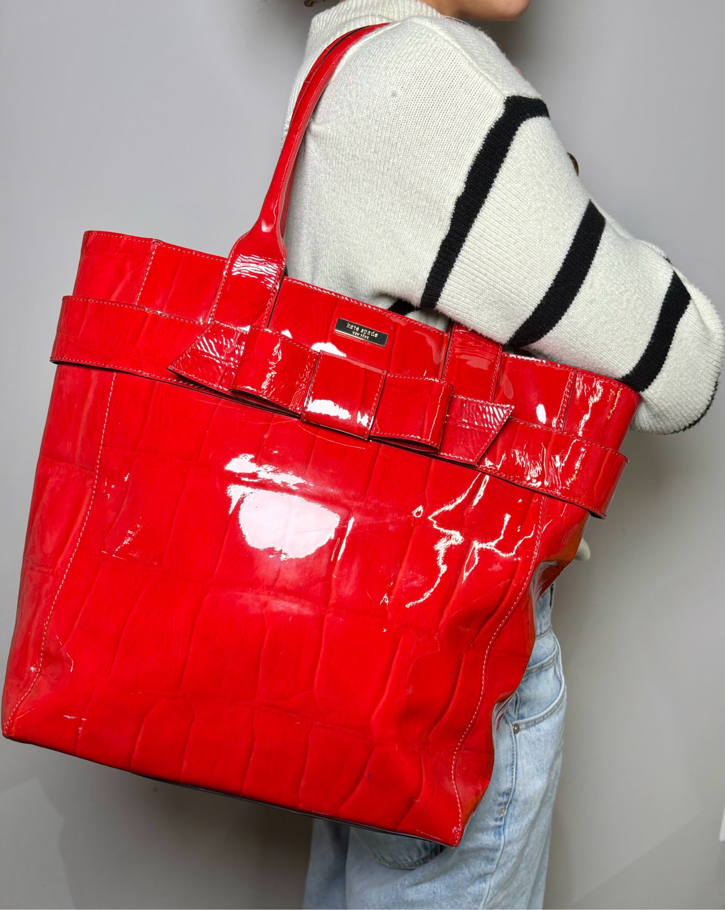 Red Kate Spade Patent Embossed Tall Tote Bag with Bow Detail