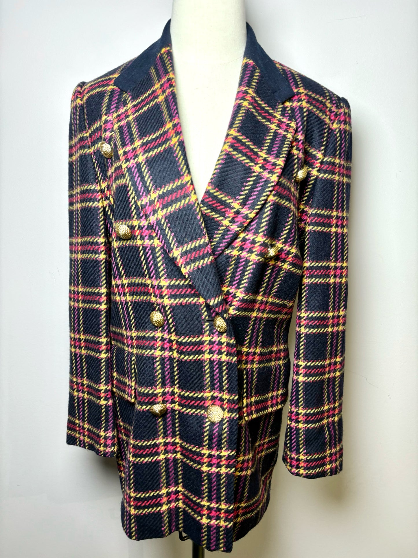 Blue Women Size S Laurel by Escada Plaid Wool Gold Buttons Blazer