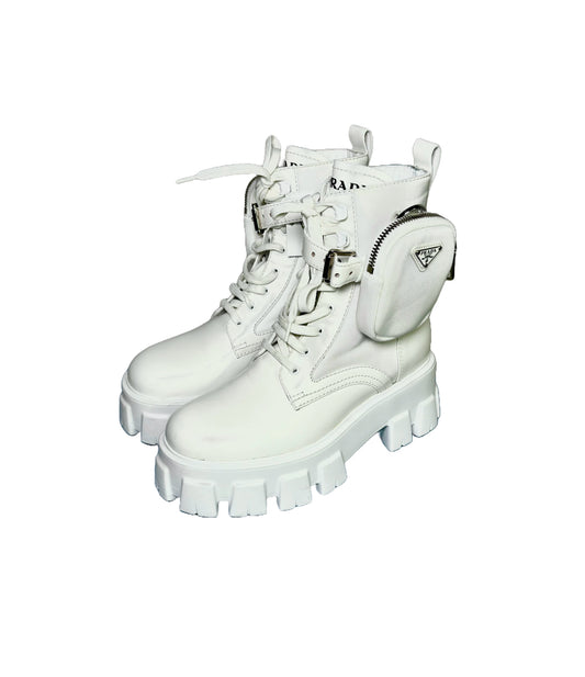 W Shoe Size 37 Prada White Leather Cowhide Monolith Combat Boots