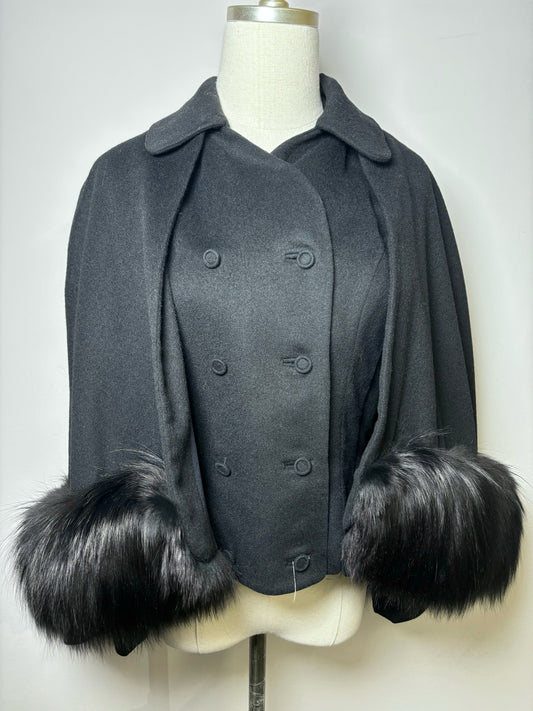 Women Size S Jovan Black Solid Wool Fur Trimmed Vintage Cape Coat