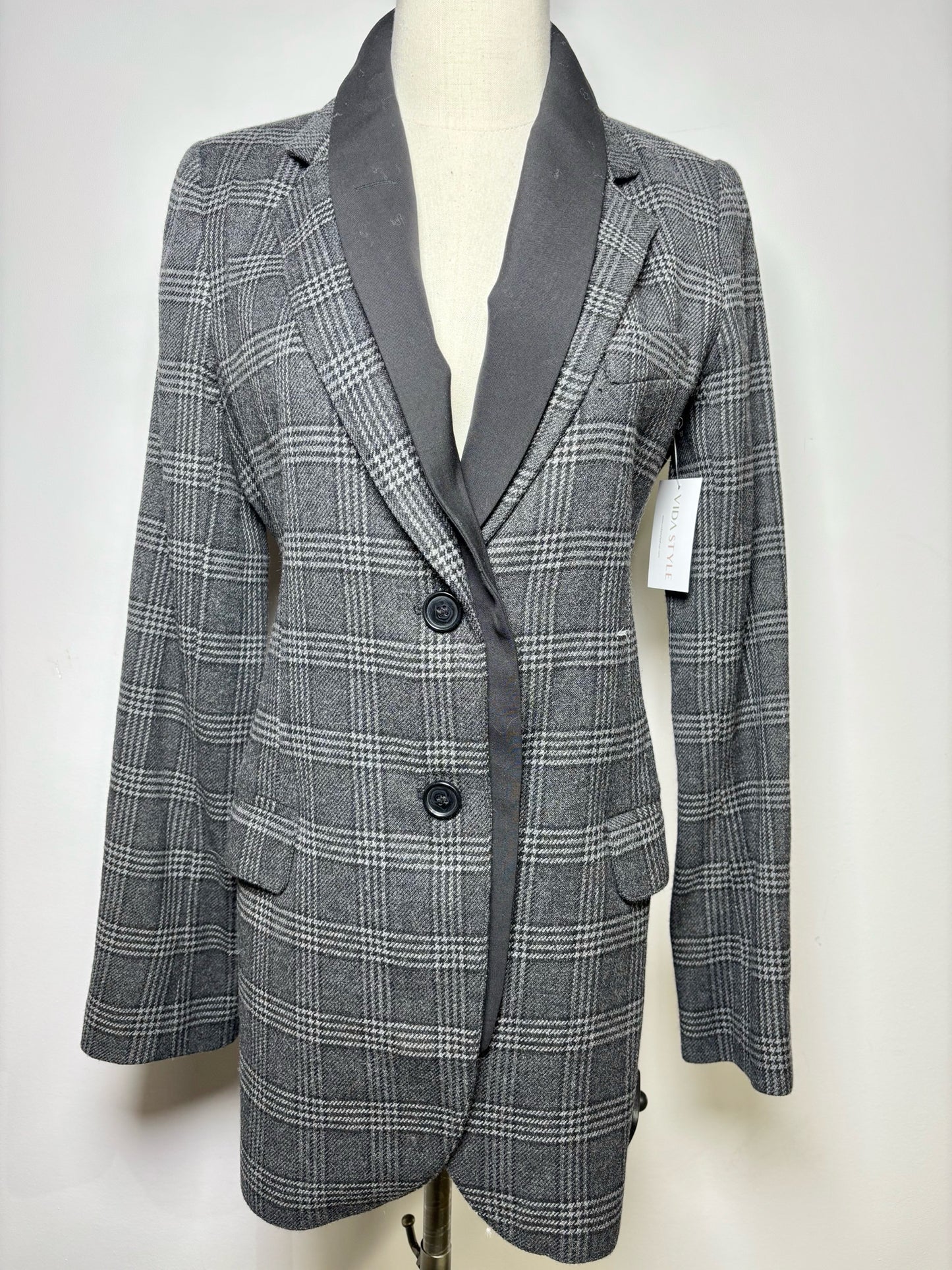 Women Size M Smythe Charcoal, Black Plaid Double Collar Wool Blazer