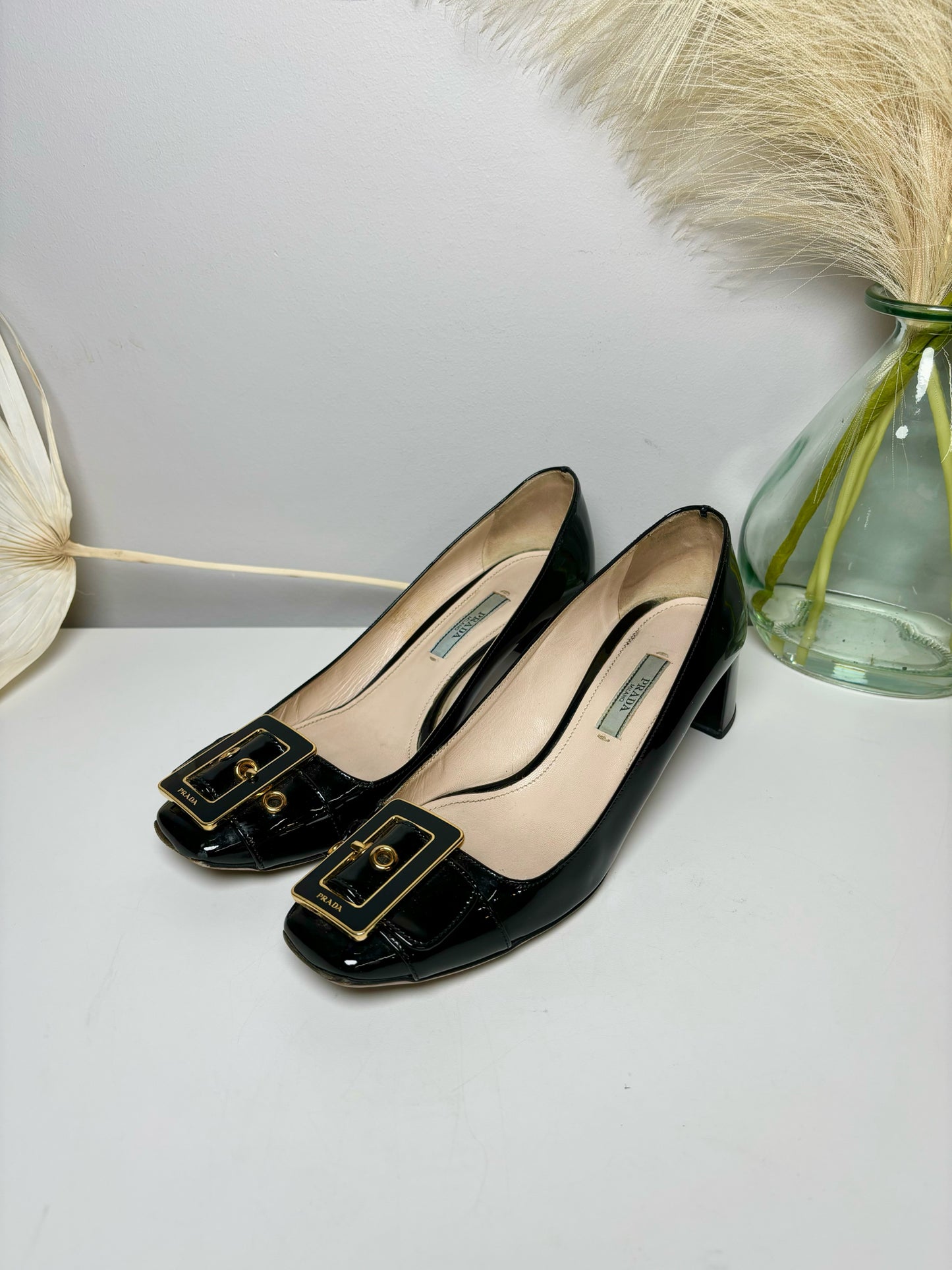 W Shoe Size 6.5 Prada Black Leather Patent Gold Buckle Heels