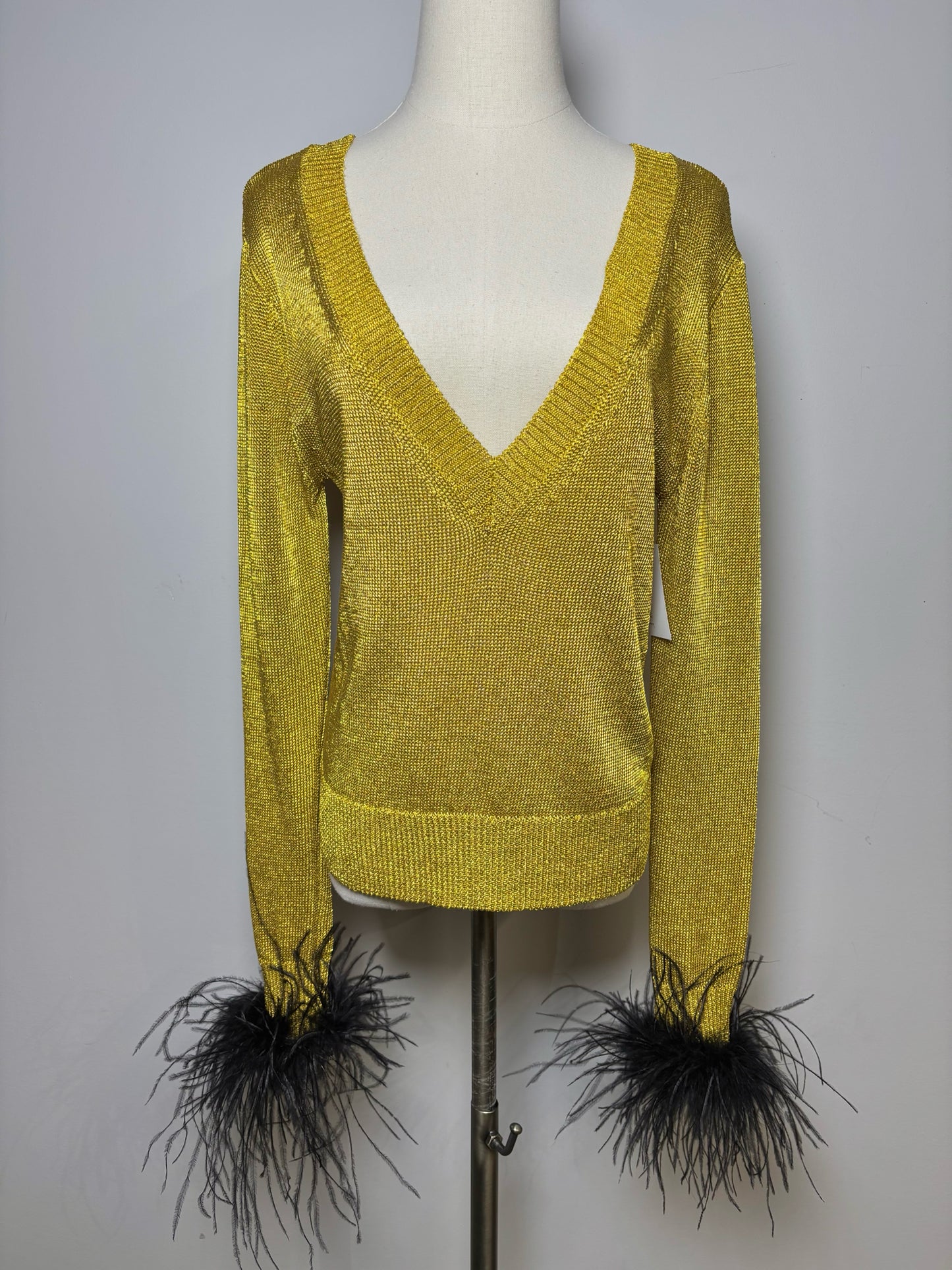 Women Size S Milly Metallic Gold Stretch Knit Ostrich Feathers Sweater