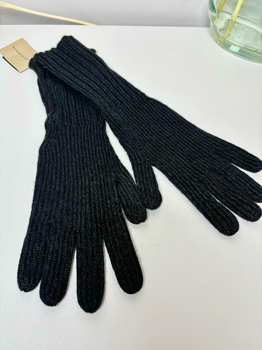 Women's Black Burberry Medium Cashmere Ribbed Gloves