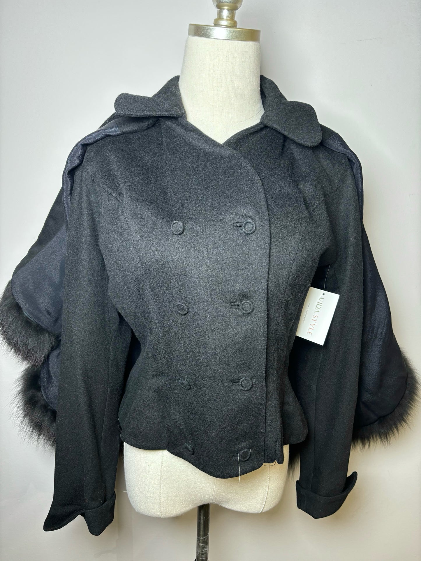 Women Size S Jovan Black Solid Wool Fur Trimmed Vintage Cape Coat