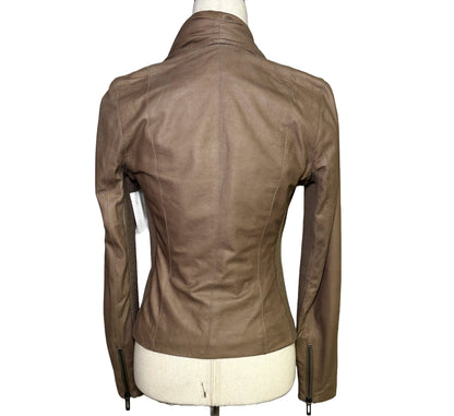 Women Size XS Vince Brown Solid Cowhide Leather Asymmetric Zip Front Jacket