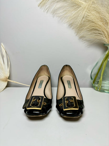 W Shoe Size 6.5 Prada Black Leather Patent Gold Buckle Heels