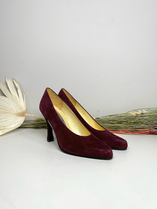 W Shoe Size 8 Charles Jourdan Burgundy Leather Suede Vintage Heels