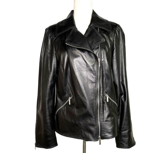 Women Size 46 Kiton Black Solid Cowhide Leather Moto Jacket