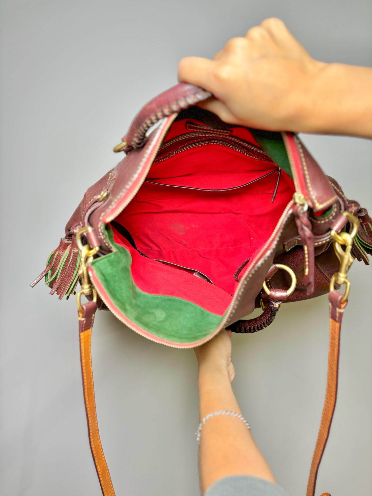 Burgundy Dooney & Bourke Cowhide Solid Leather Tote Bag