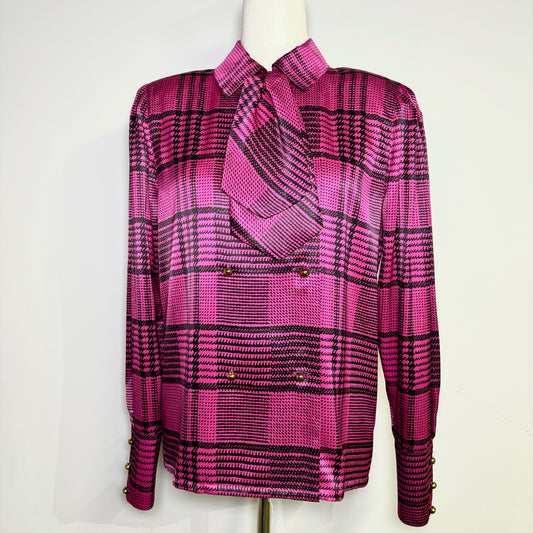 Women Size 6 Louis Feraud Magenta Plaid Silk LS Blouse