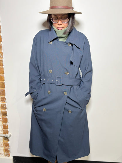 Women Size L Theory Blue Solid Wool Trench Coat