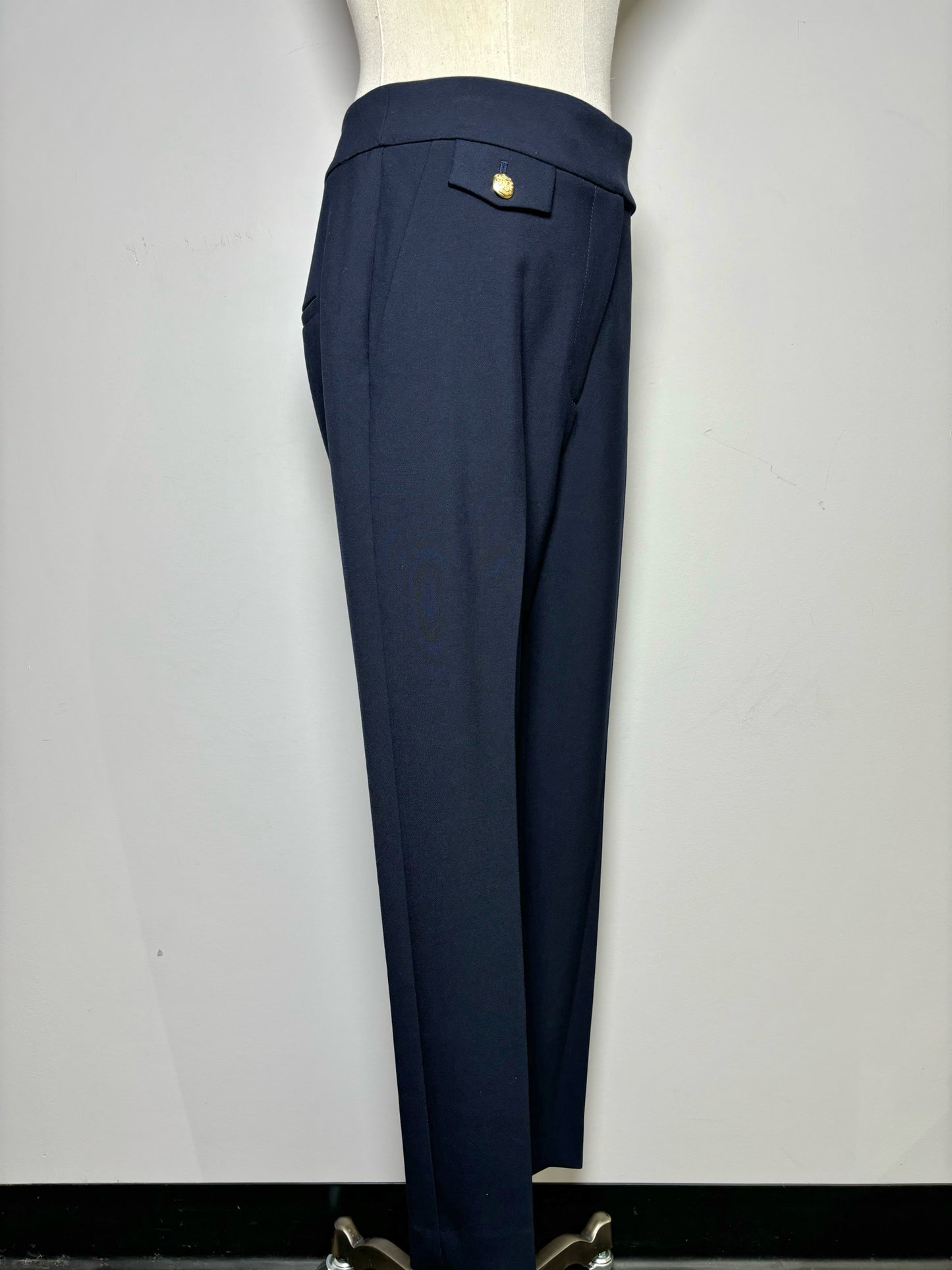 Women Size M Veronica Beard Blue Solid Ponte' Knit Gold Buttons Pants