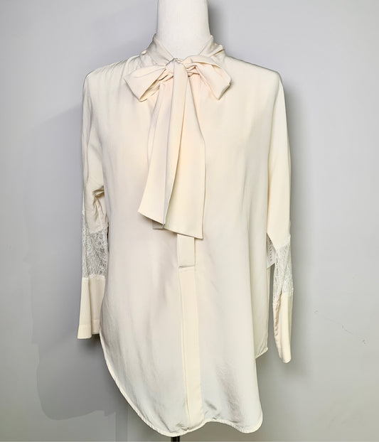 Women Size 2 Sandro Paris Cream Solid Silk Lace Trim LS Top