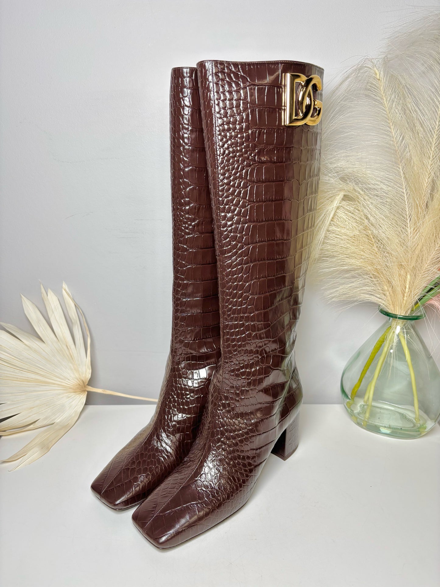 Dolce & Gabbana Leather Tall Shaft Croc Embossed Sz 9.5 NWT Boots