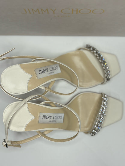 Jimmy Choo White Leather Meira 85 Crystal Heels, Sz 6