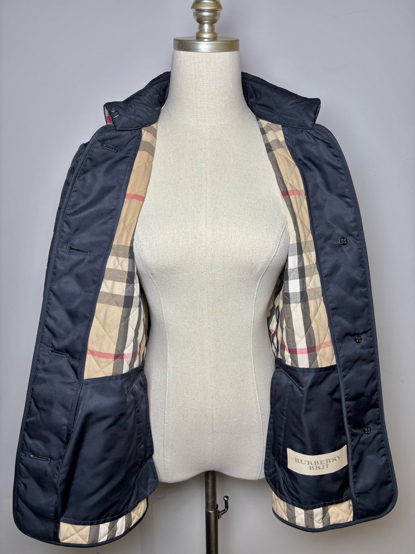 Navy Women Size M Burberry Brit Quilted Cotton Blend Jacket