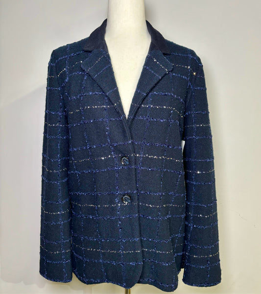 Women Size 46 Amina Rubinacci Blue Sequins Embroidered Wool Blazer