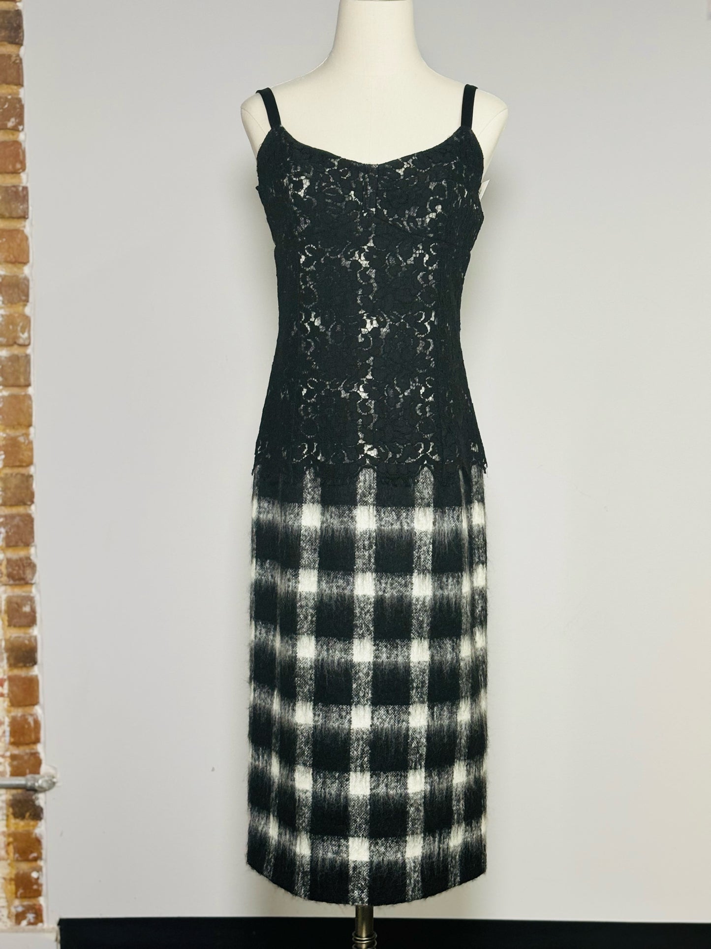 Women Size 6 Michael Kors Made in Italy Black, White Plaid Wool Skirt Lace Top Dress