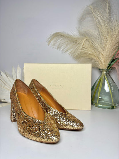 Sezane Gold Glitter Alice Heels