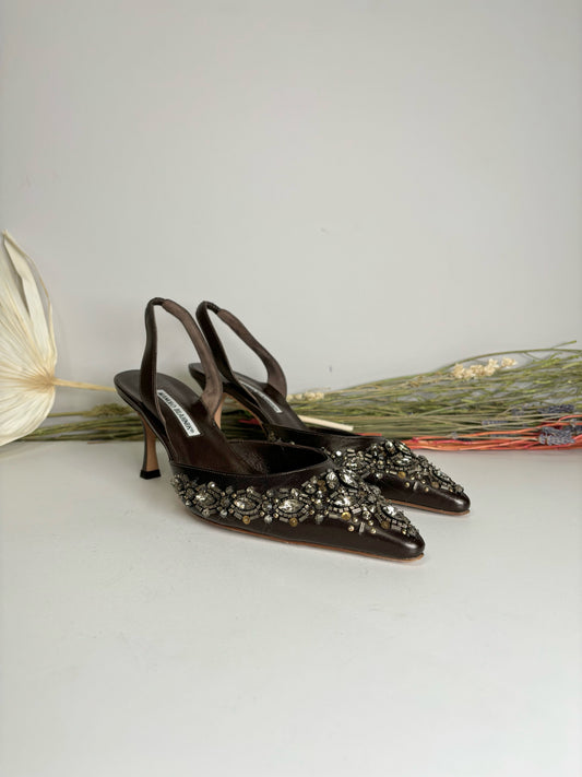 W Shoe Size 39 Manolo Blahnik Brown Leather Cowhide Heels