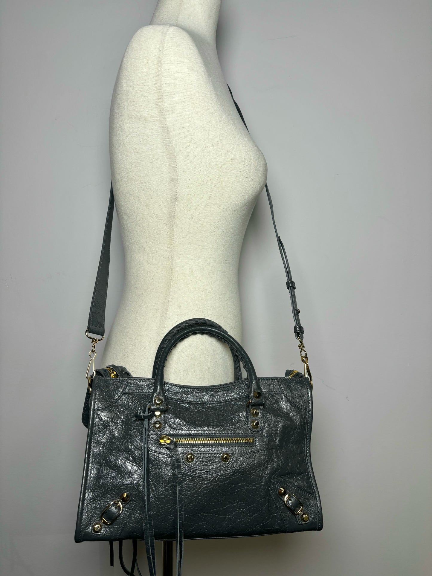 Charcoal Balenciaga Solid Crackle Gold Tone Hawdware Leather Purse