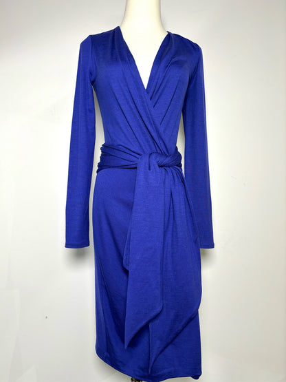 Women Size S Emilio Pucci Blue Solid Wool Faux Wrap Midi Dress