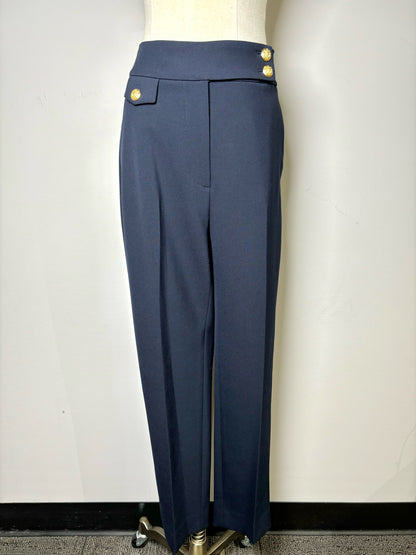 Women Size M Veronica Beard Blue Solid Ponte' Knit Gold Buttons Pants